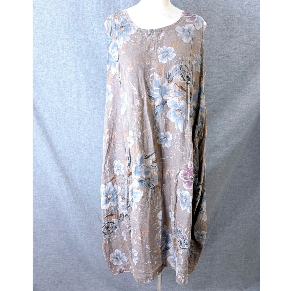 New Collection Italian Linen Floral Lagenlook Balloon Dress‎ Pockets OS